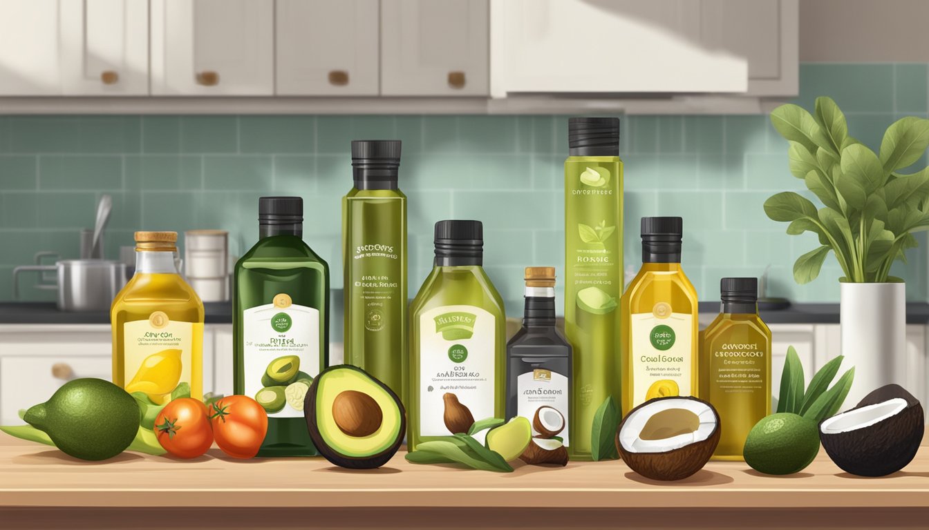 A variety of cold-pressed oils, such as olive, coconut, and avocado, arranged next to fresh fruits and vegetables on a kitchen counter