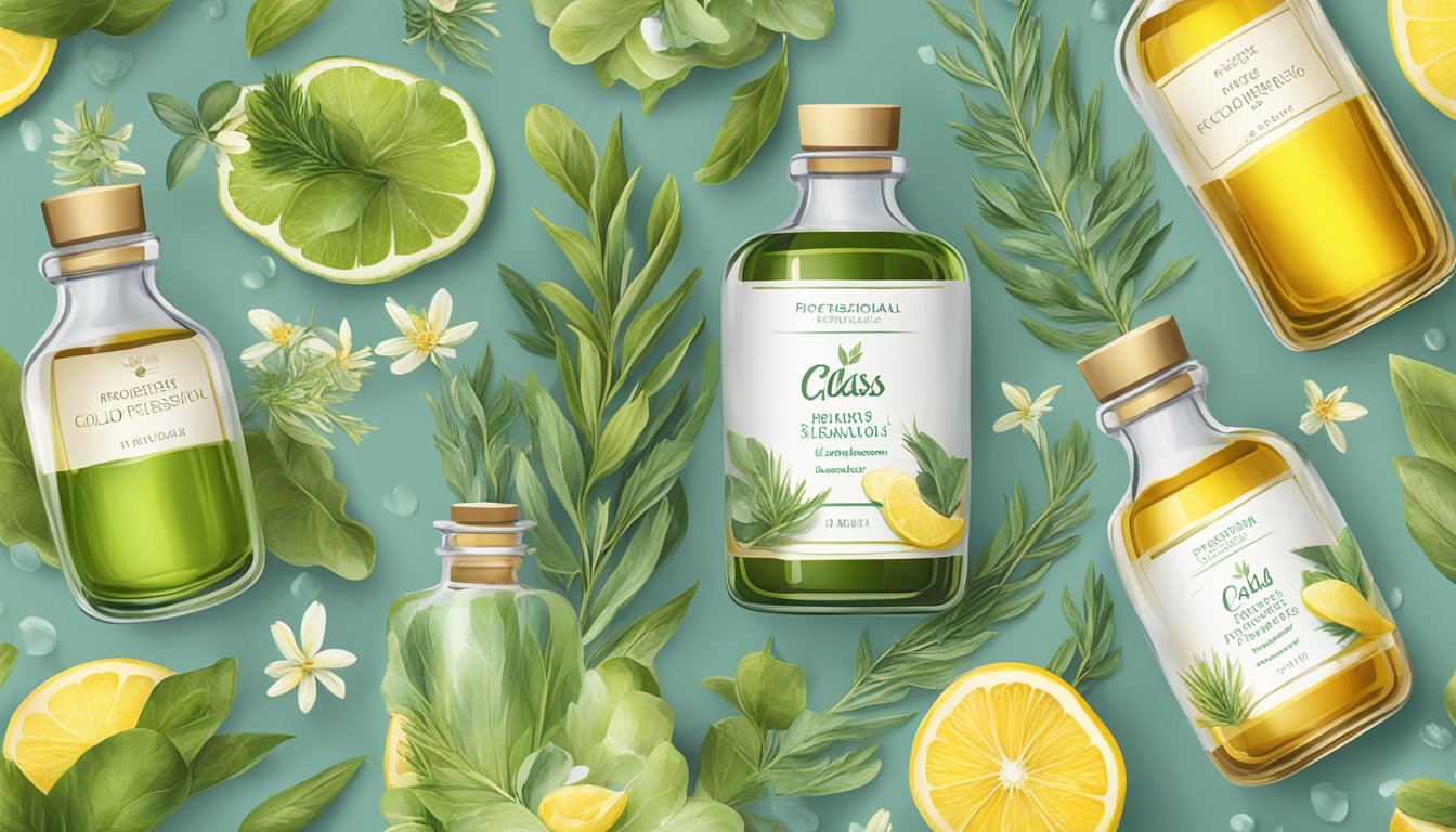 A glass bottle of cold-pressed oils surrounded by botanical ingredients and essential oil blends