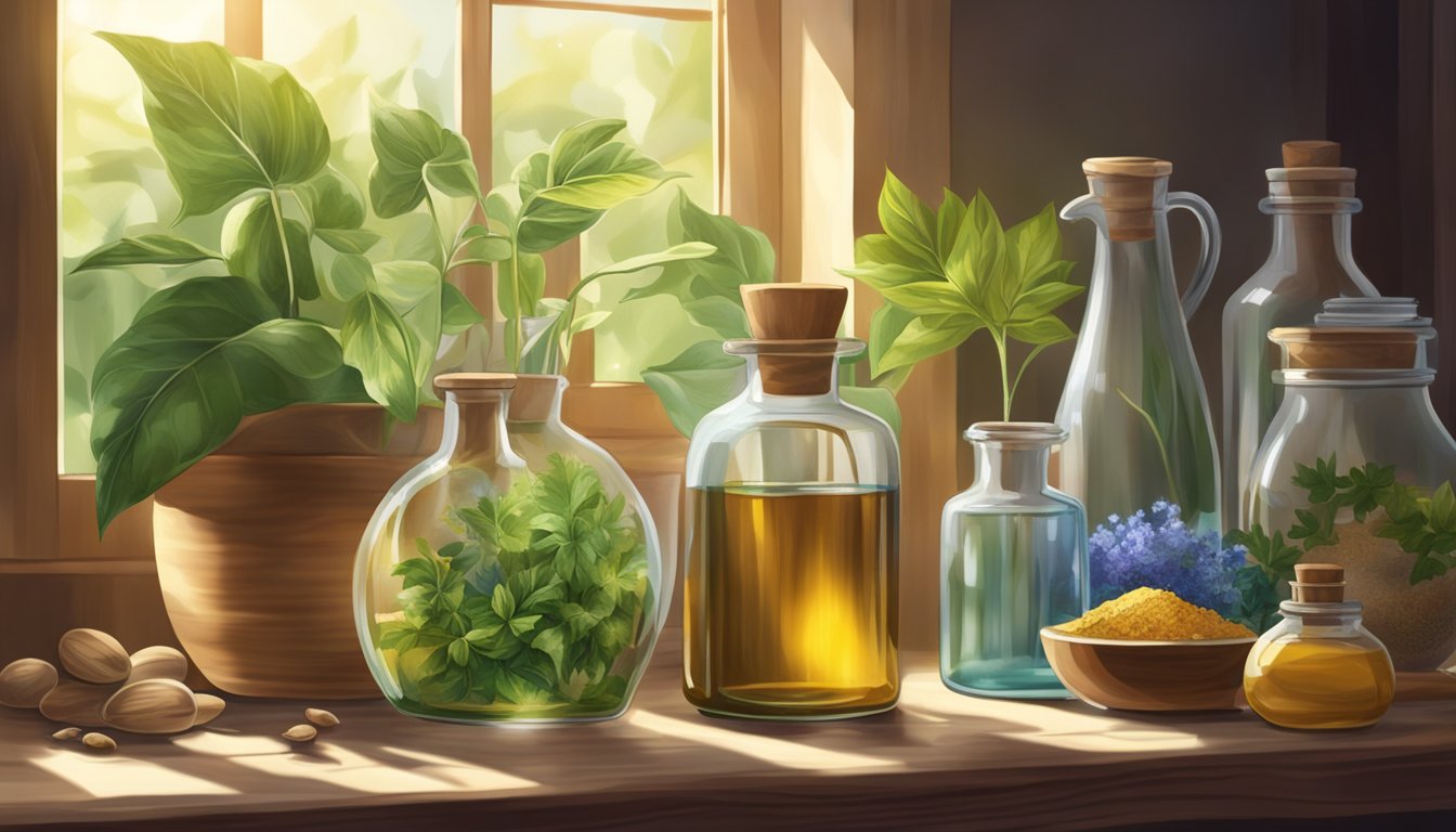 A glass bottle of cold-pressed oil sits on a wooden shelf, surrounded by various botanical ingredients and a mortar and pestle. Sunlight streams through a nearby window, illuminating the scene