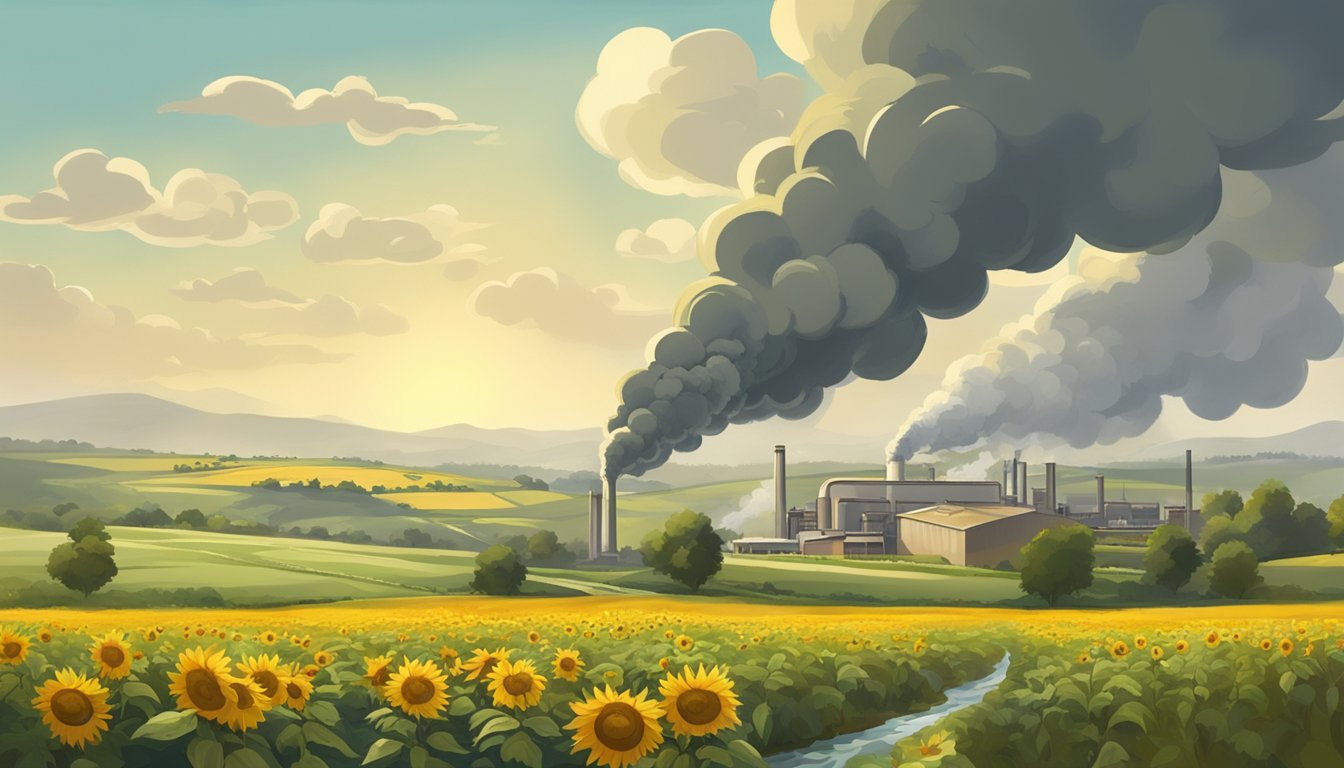 A lush field with sunflowers and olives, a factory emitting smoke in the background, and a clear stream running through the landscape