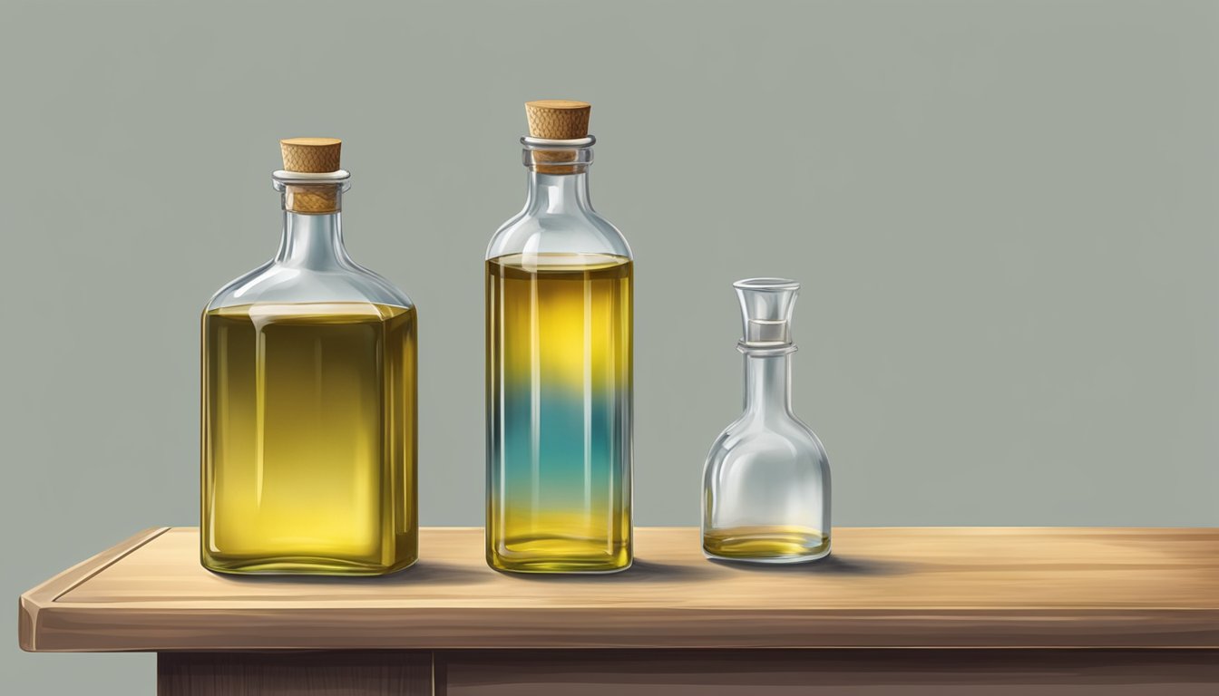 A table with two bottles of oil - one refined, one cold pressed. The refined oil is clear and uniform, while the cold pressed oil has a cloudy appearance with visible sediment settled at the bottom