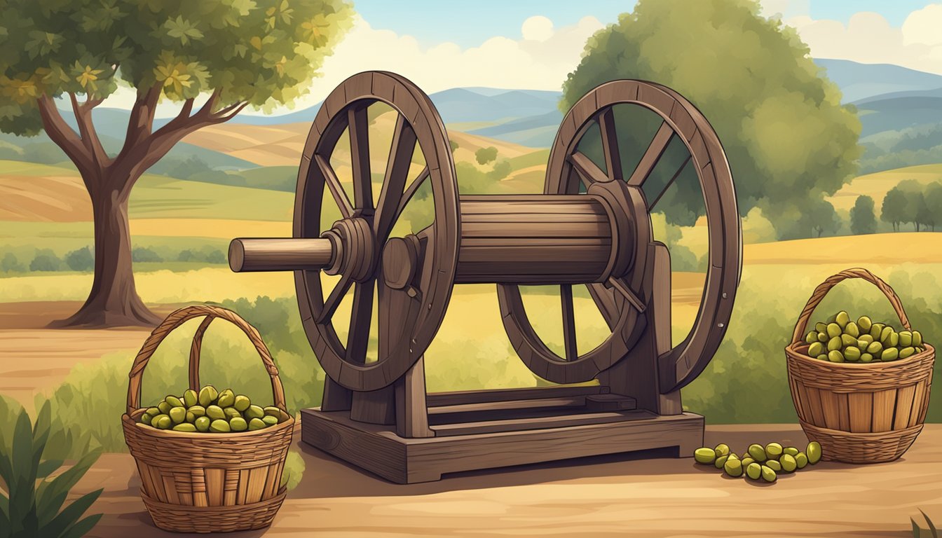 A rustic wooden press with a large wheel, surrounded by baskets of freshly harvested olives and a serene countryside backdrop