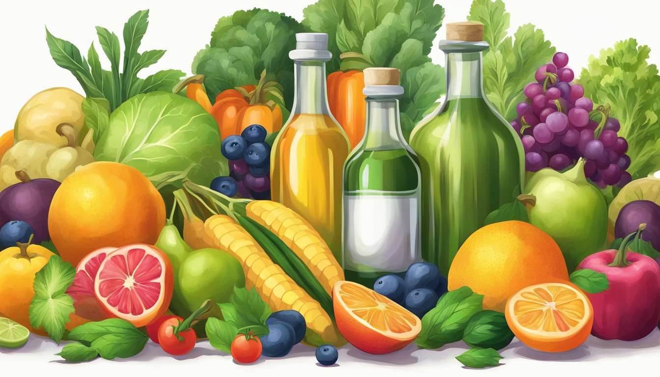 A variety of fresh, whole fruits and vegetables surrounding a bottle of cold pressed oil, with a focus on the vibrant colors and textures of the produce