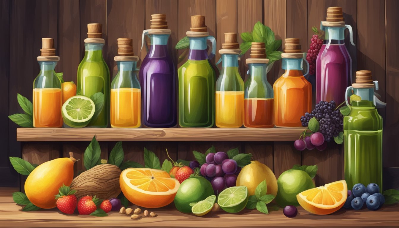 A rustic wooden press squeezing fresh fruits and seeds, surrounded by bottles of vibrant cold-pressed oils and juices