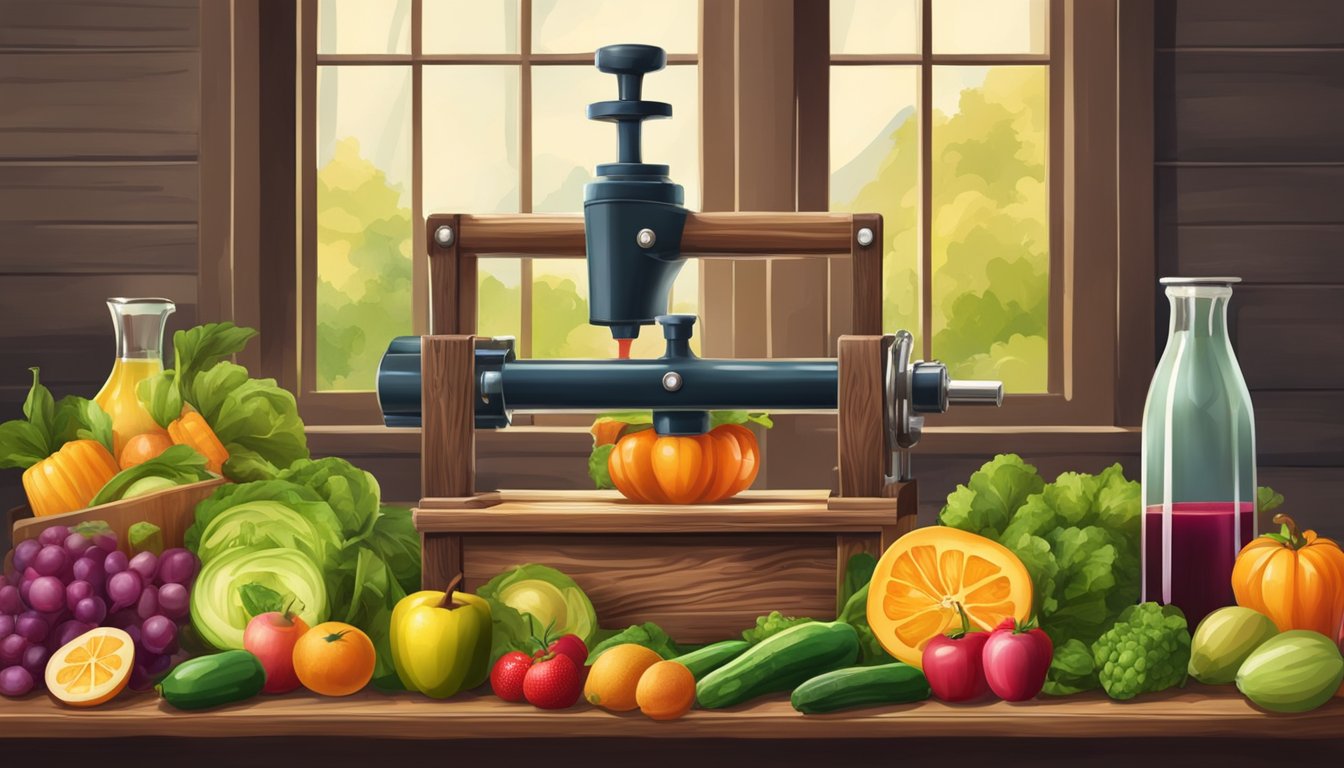 A vintage wooden press squeezing fresh fruits and vegetables, with juice flowing into glass bottles