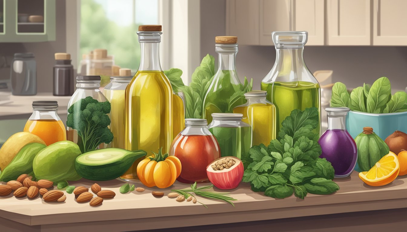 A kitchen counter with various bottles of cold-pressed oils, surrounded by fresh vegetables, fruits, and nuts for vegan food preparation