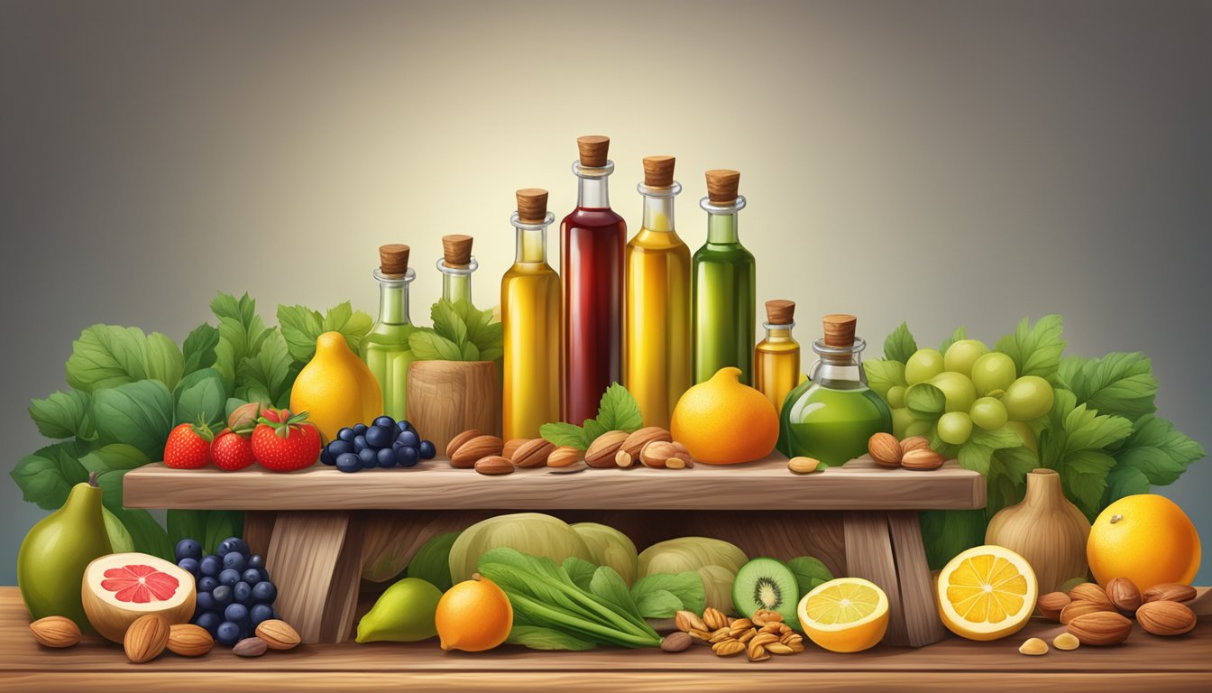 A rustic wooden table displaying various bottles of cold pressed oil, surrounded by fresh, vibrant fruits, vegetables, and nuts