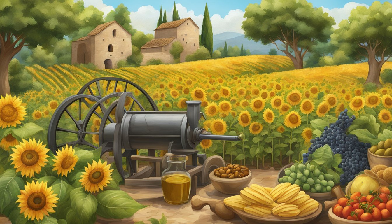 A lush field of sunflowers and olives, with a traditional stone mill pressing oil, surrounded by a diverse array of plant-based foods