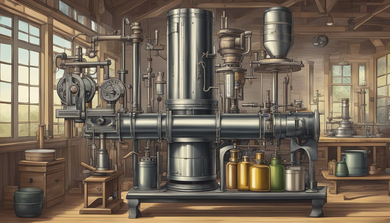 A vintage cold pressing machine surrounded by historical scientific equipment and tools