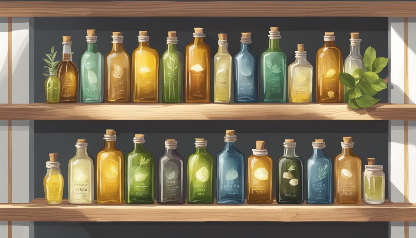 A rustic wooden shelf displaying various glass bottles of cold pressed oils, with natural light streaming in through a nearby window