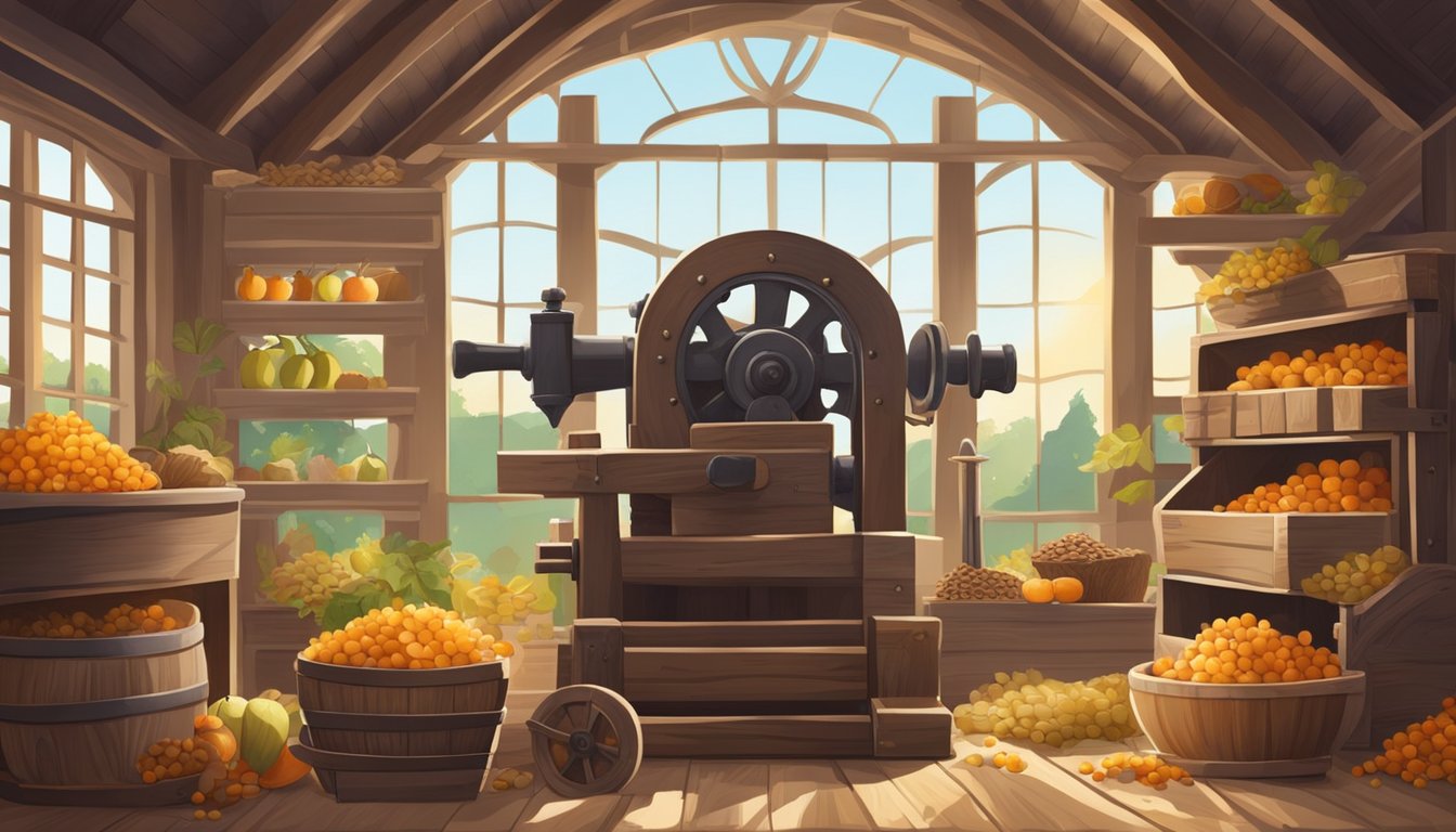 A wooden press with metal screws and gears, surrounded by piles of harvested seeds and fruits. Sunlight filters through a window onto the historical equipment