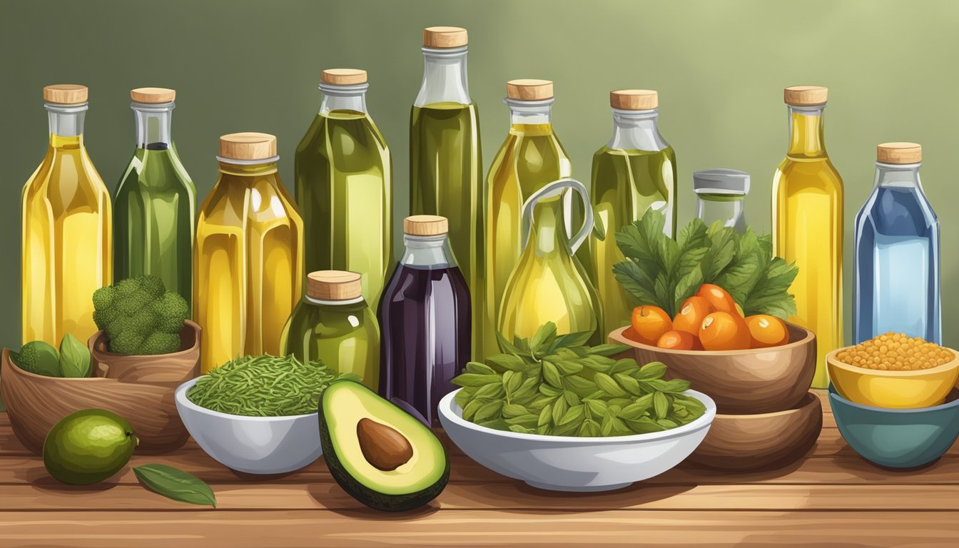 A variety of cold pressed oils, such as olive, flaxseed, and avocado, arranged on a wooden table with fresh fruits and vegetables in the background