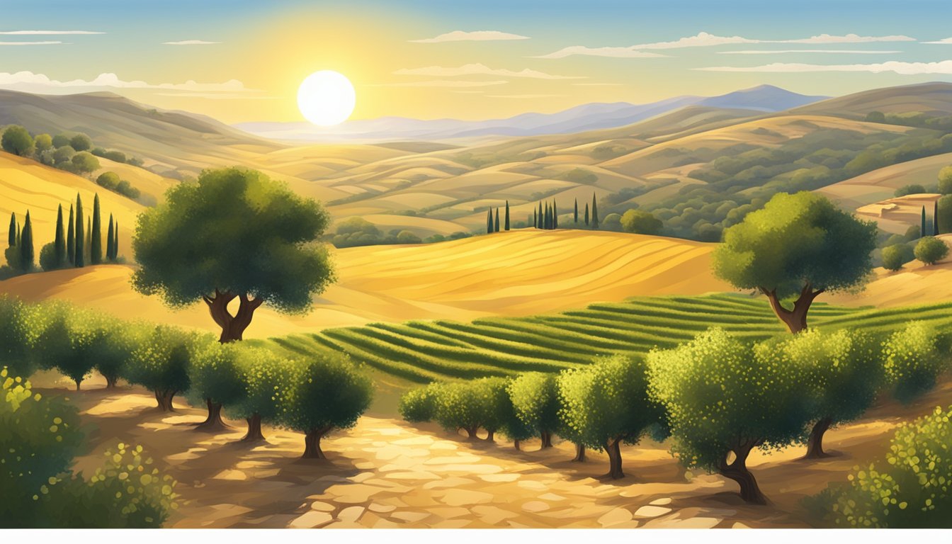 A lush Mediterranean landscape with olive trees, rolling hills, and a traditional stone olive press. The sun shines down on the golden fields