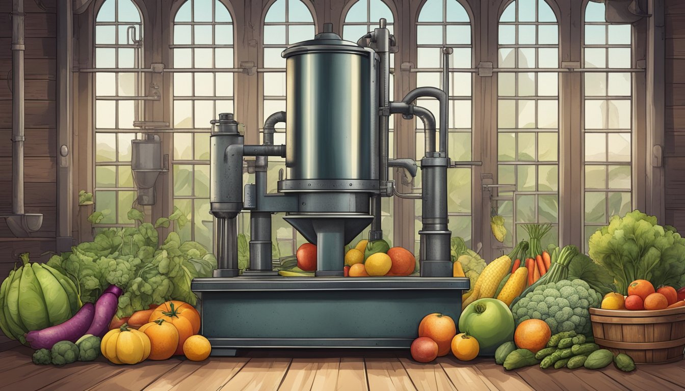 A vintage cold press machine surrounded by various fruits and vegetables, with a rustic, industrial backdrop