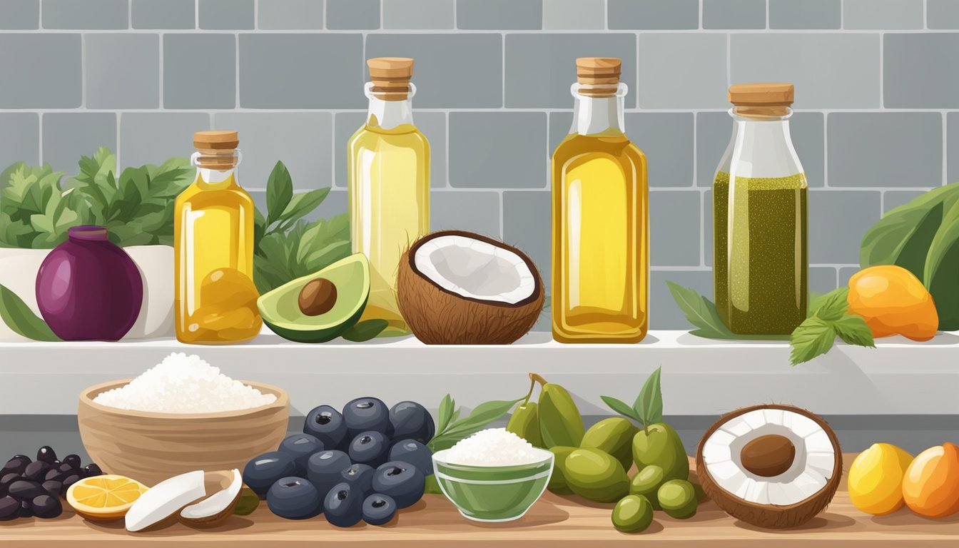 A variety of cold pressed oils, such as olive, flaxseed, and coconut, arranged next to colorful fruits, vegetables, and grains on a kitchen countertop