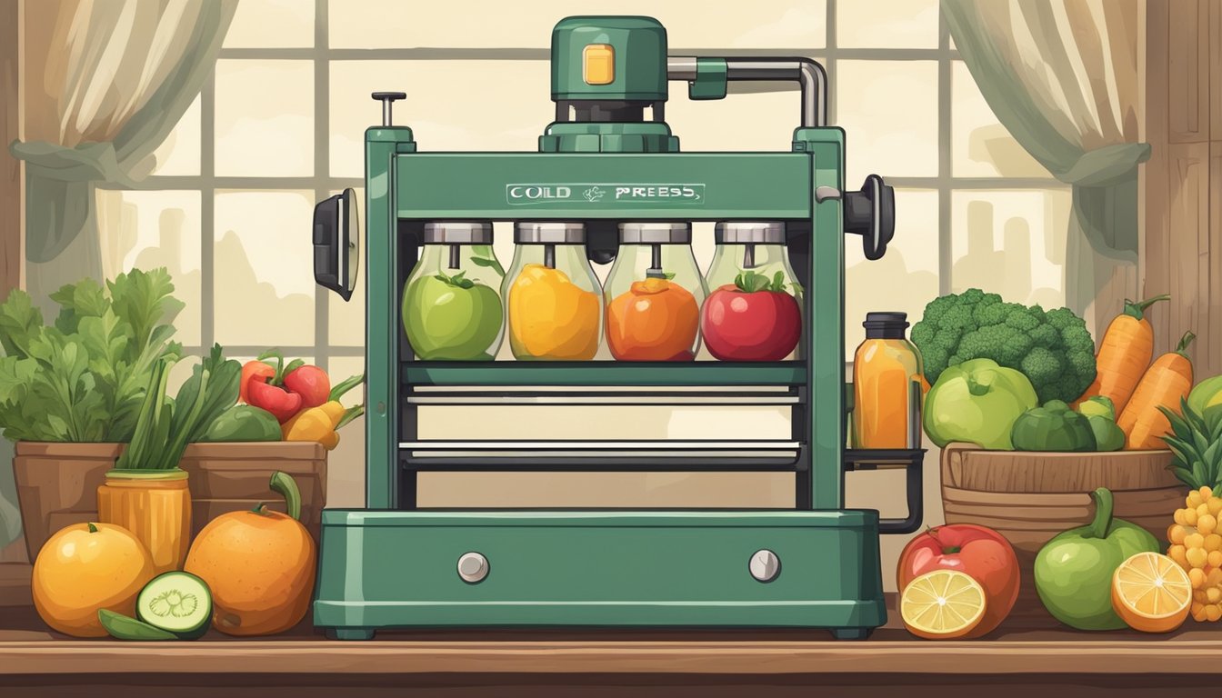 A vintage cold press machine surrounded by fresh fruits and vegetables, with a warm, inviting atmosphere