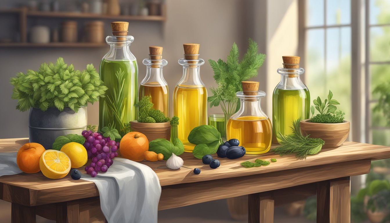 A rustic wooden table displays various cold pressed oils in elegant glass bottles, surrounded by fresh herbs, fruits, and vegetables