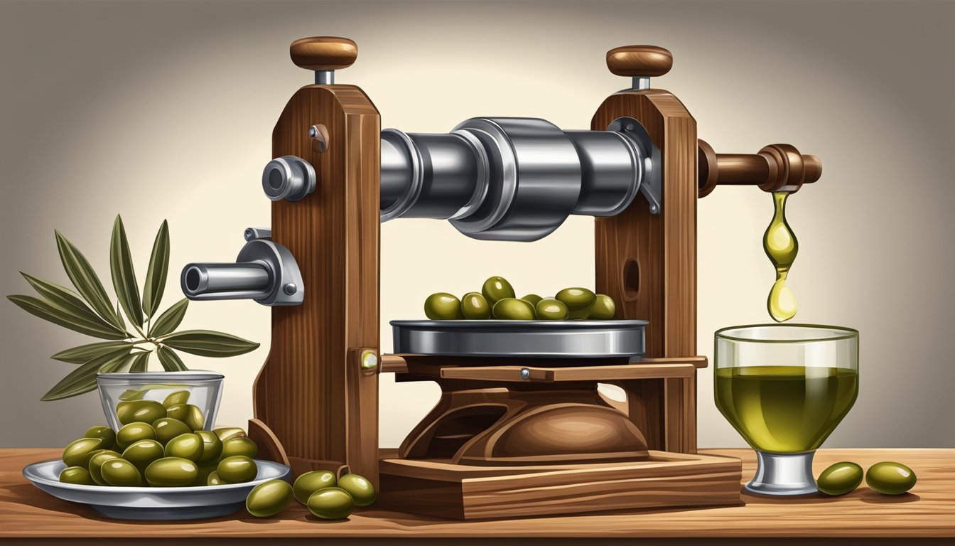 A vintage wooden press squeezing olives while a modern steel press extracts oil