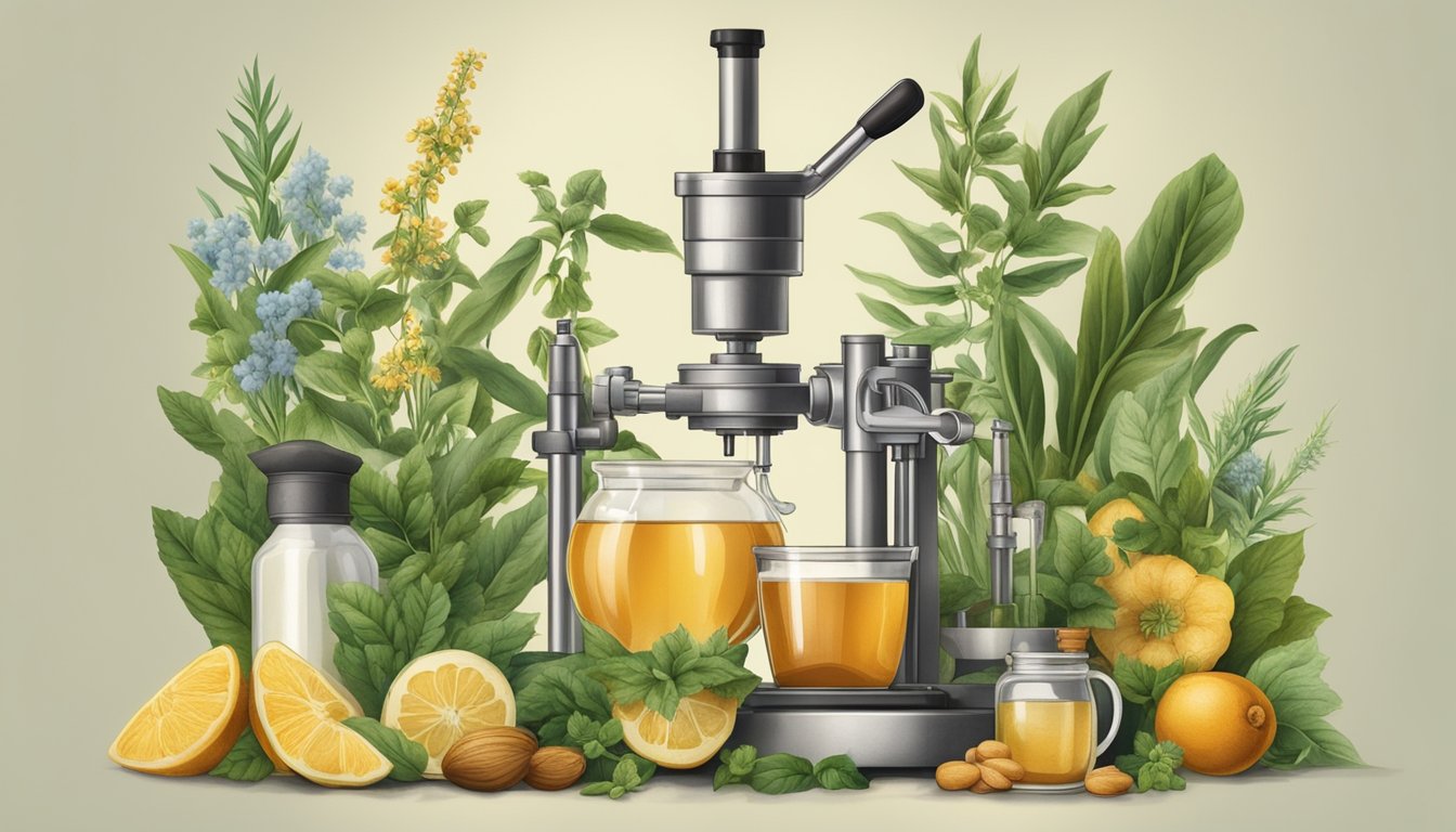 A vintage cold press surrounded by botanical ingredients and medical equipment, symbolizing the impact on the health industry