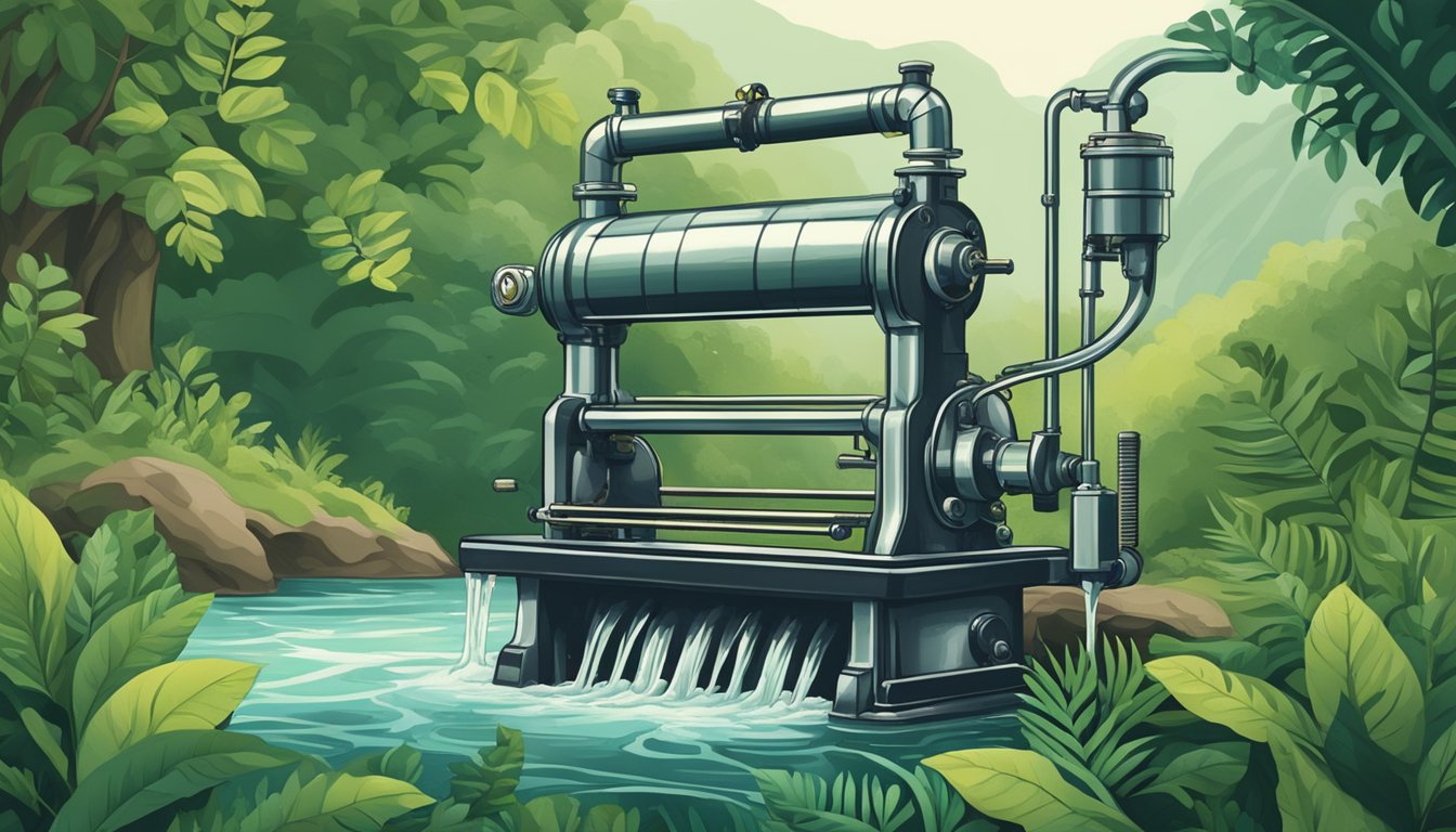 A vintage cold press machine surrounded by lush greenery and flowing water, symbolizing the historical connection between sustainability and cold pressing