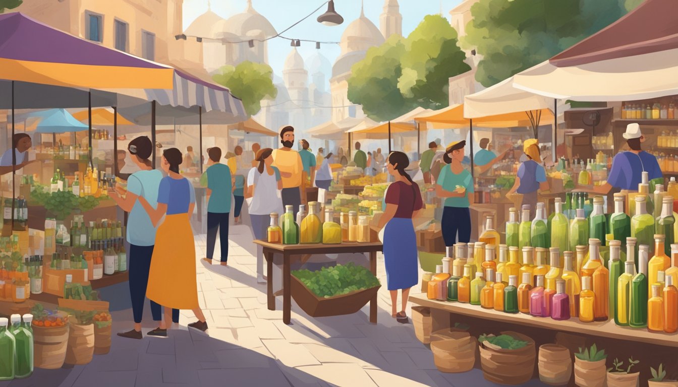 A bustling marketplace with vendors selling cold pressed oils in colorful bottles, surrounded by eager customers and filled with the aroma of various oils