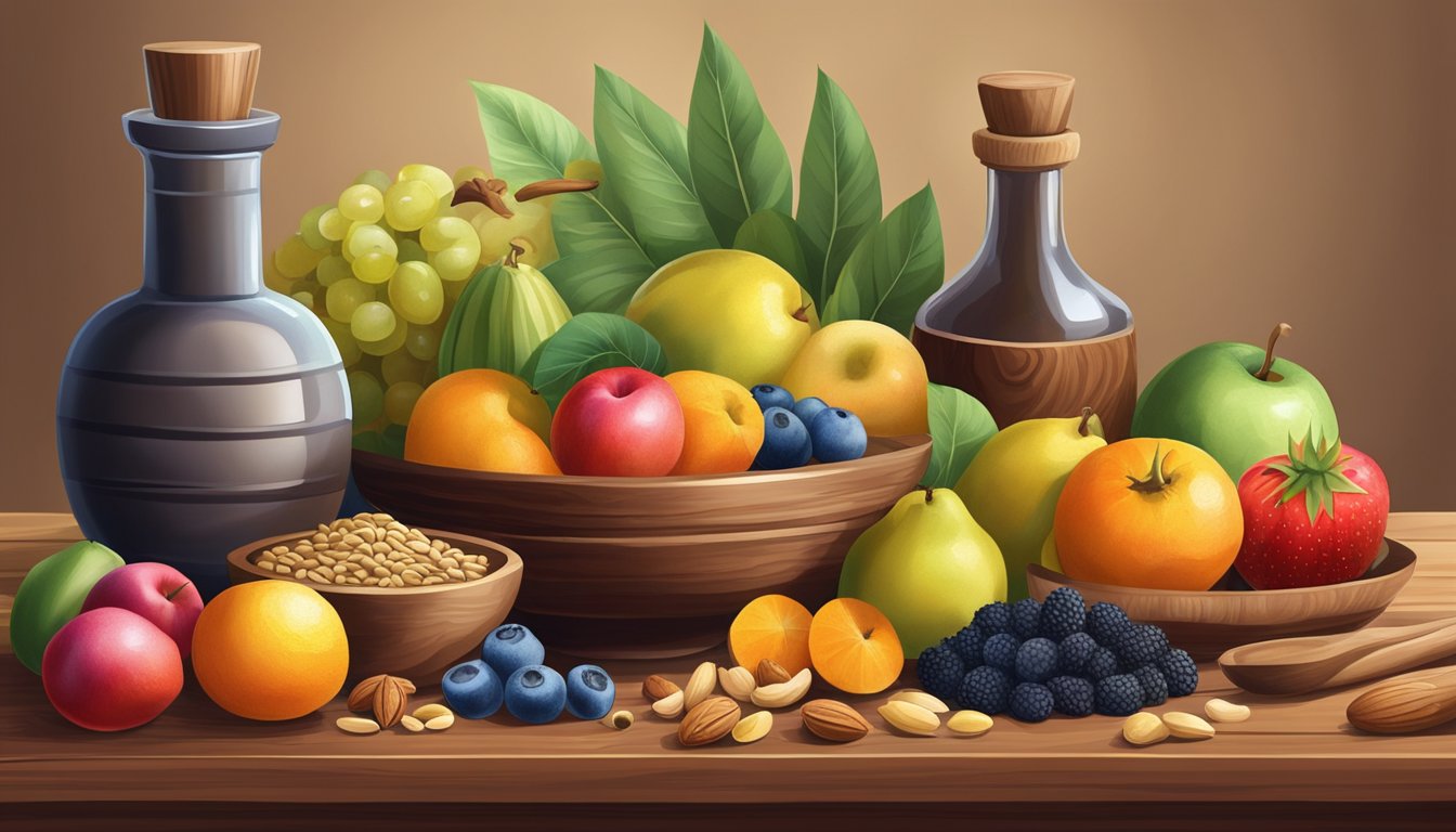 A variety of colorful fruits, seeds, and nuts are arranged on a wooden table, with a mortar and pestle nearby. A bottle of cold-pressed oil sits in the background