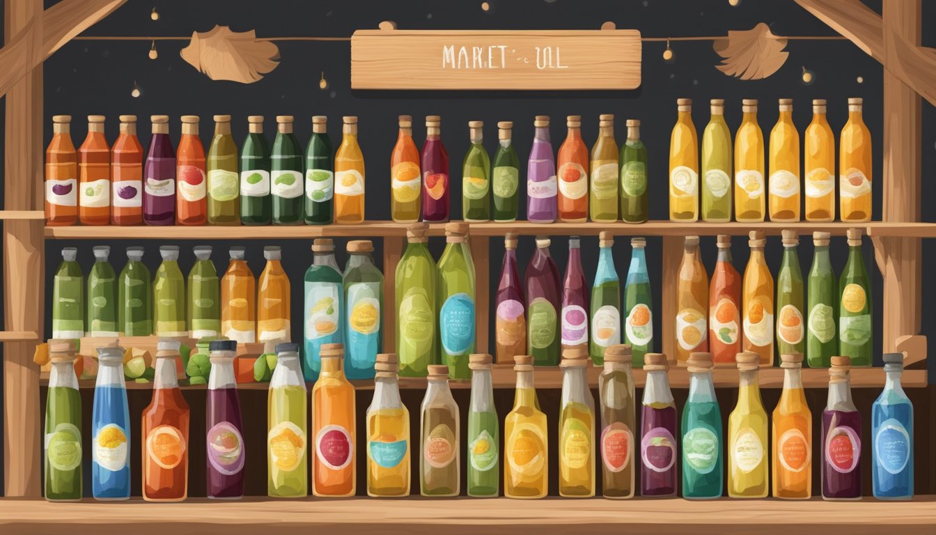 A rustic wooden market stall displays an array of colorful bottles filled with cold pressed oils, surrounded by fresh fruits and vegetables