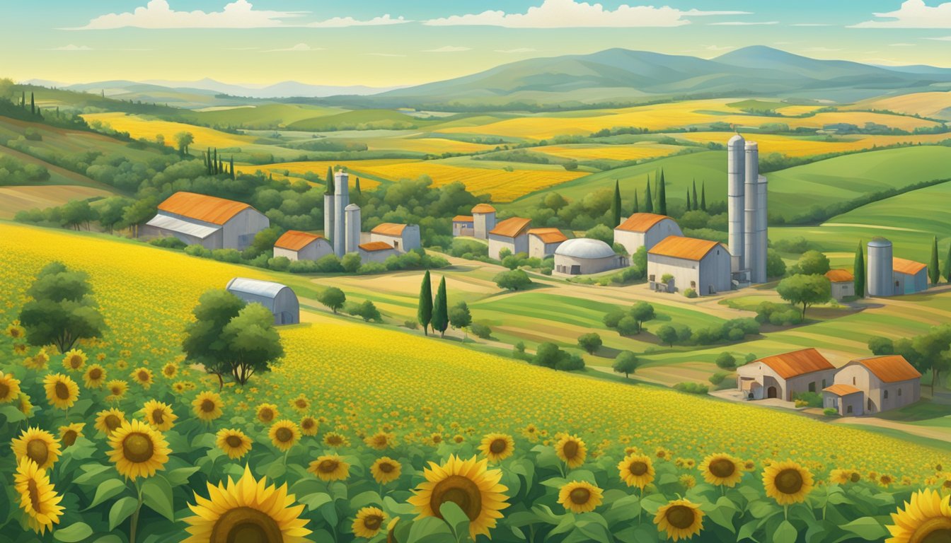 A lush green landscape with fields of sunflowers and olives, a modern cold press oil facility in the background, and a bustling market nearby