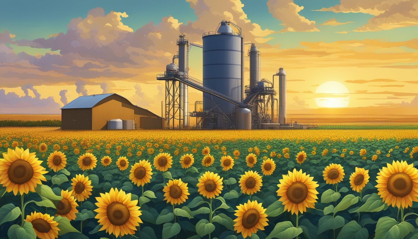 A vibrant field of sunflowers and soybeans stretching to the horizon, with a modern cold-press oil extraction facility in the background