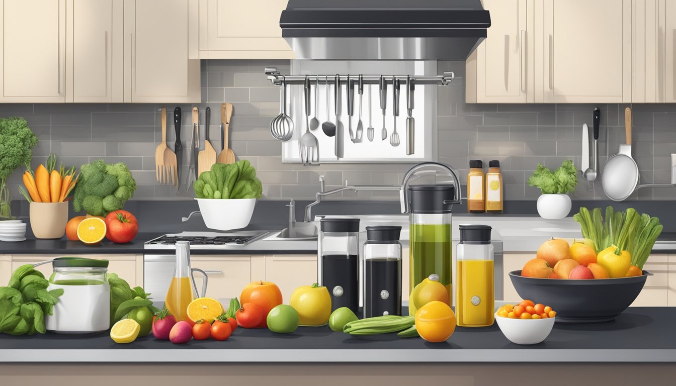 A modern kitchen with various cold pressed oils displayed on a sleek countertop, surrounded by fresh fruits, vegetables, and a variety of cooking utensils