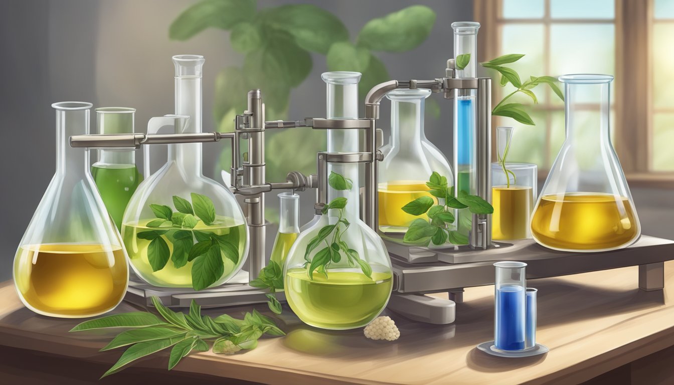 A laboratory setting with glass beakers, scientific equipment, and botanical samples, showcasing the process of cold pressing oils for traditional medicine