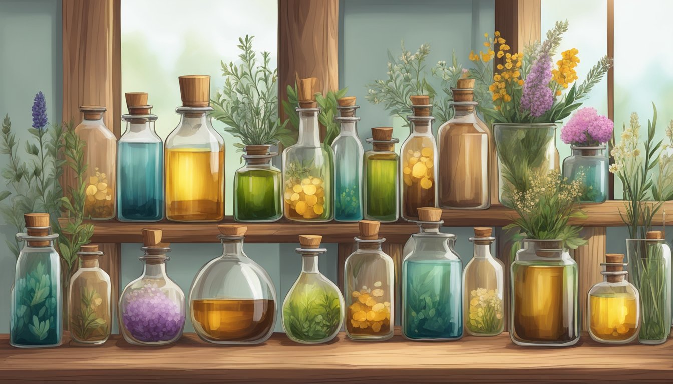 A wooden apothecary shelf displaying various glass bottles filled with cold-pressed oils, surrounded by dried herbs and flowers