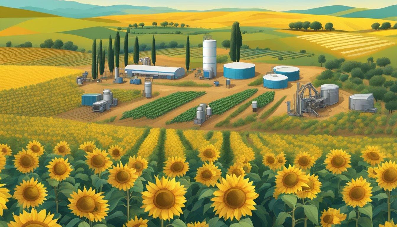 A vast field of sunflower and olive trees, with modern cold pressing machines in the background, surrounded by competing oil companies' logos