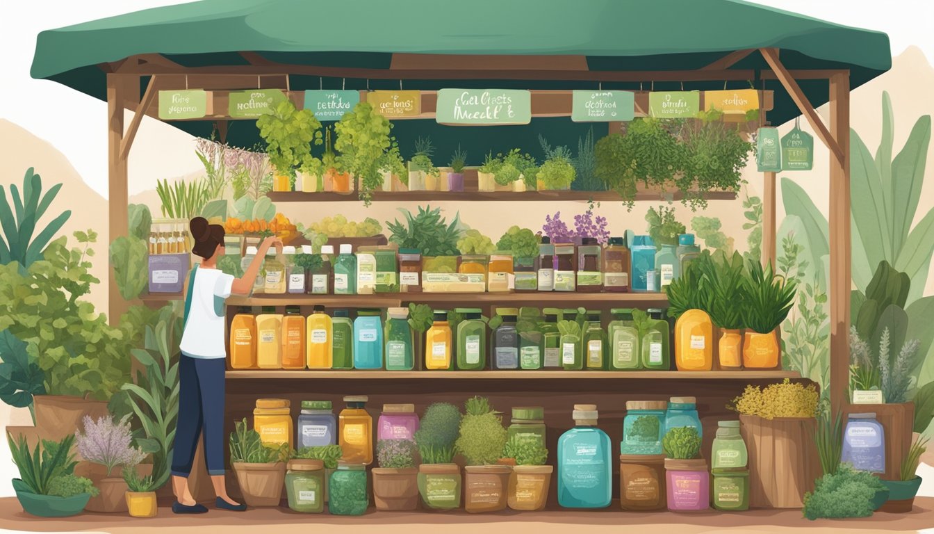 A colorful market stall displays various cold-pressed oils, surrounded by traditional medicinal herbs and plants. Customers inspect the products, while a sign highlights the health benefits