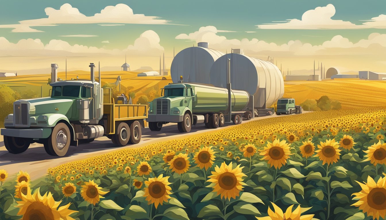 A field of sunflowers and olives, with a modern cold press facility in the background. Trucks and workers bustling about