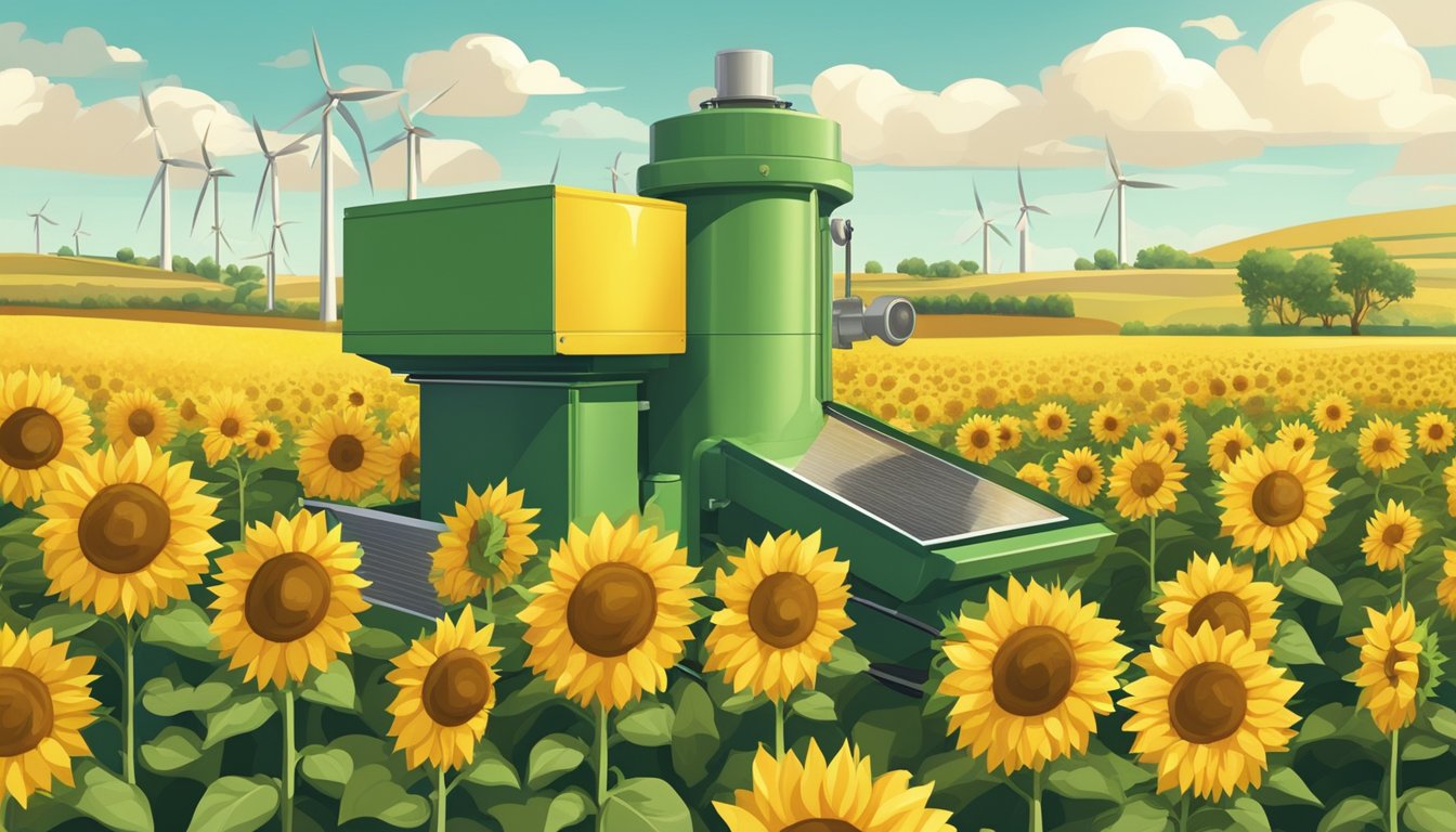 A lush field of sunflowers and olives, with a modern cold press machine in the background. Renewable energy sources power the facility