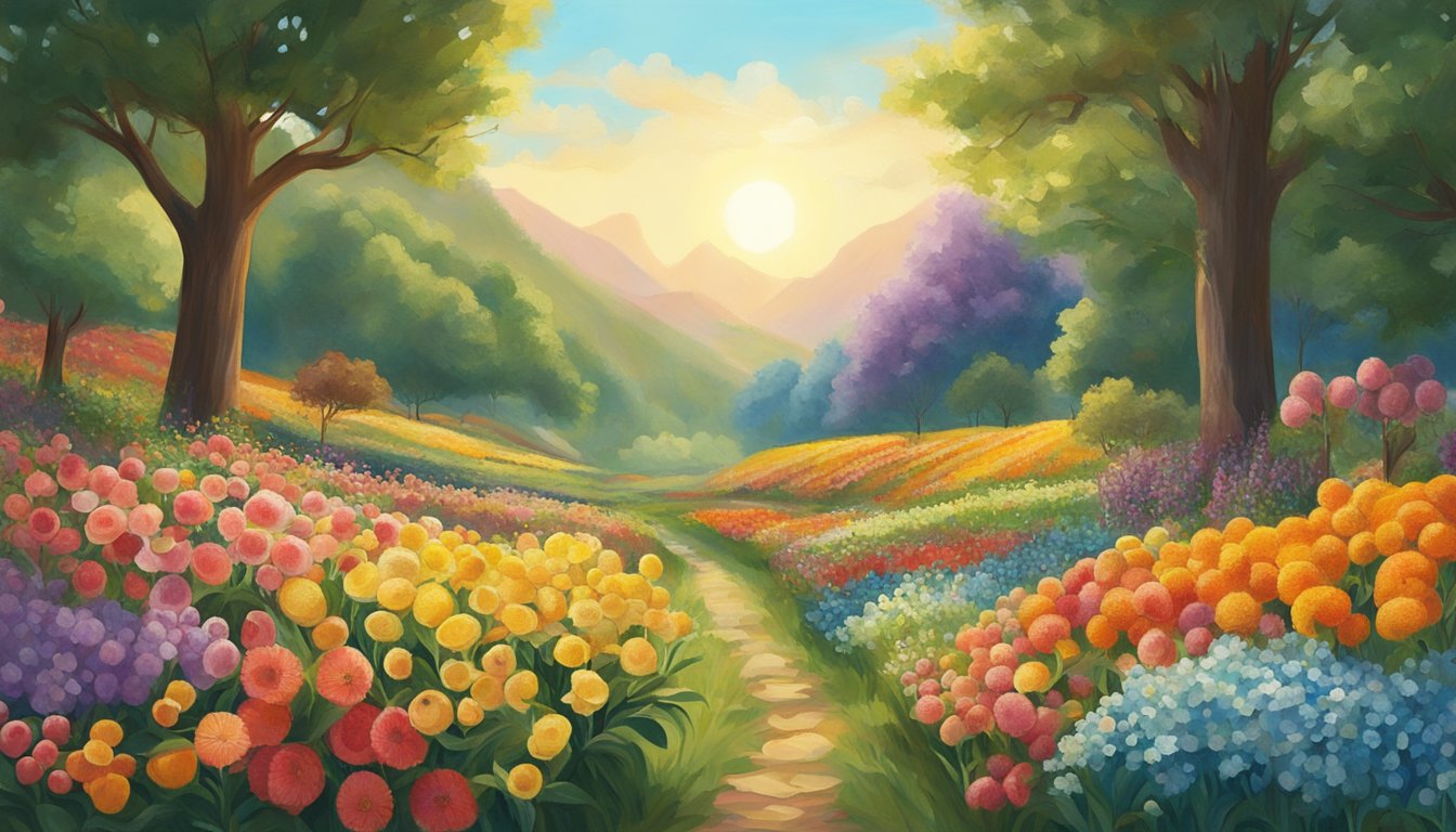 A sunlit field of colorful flowers and fruits, with a backdrop of towering trees and a clear blue sky, showcasing the diverse sources of cold pressed oils