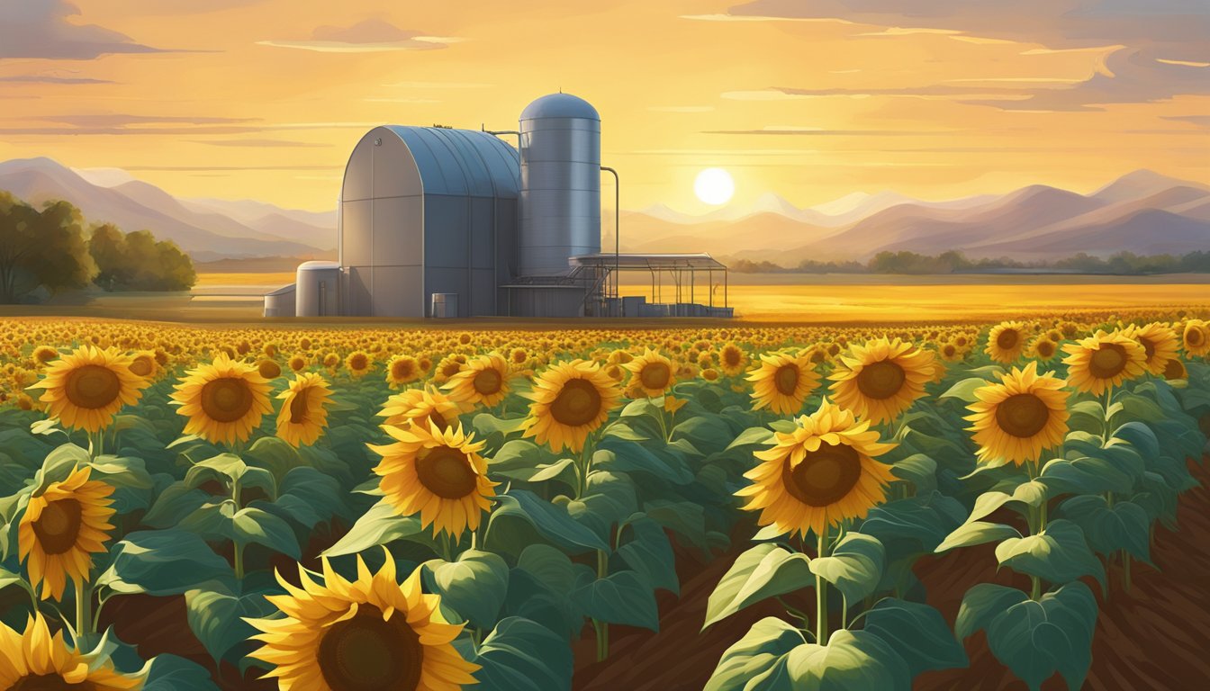 A lush field of sunflowers stretching towards the horizon, with a modern cold-pressing facility in the background, symbolizing the future of cold pressed oils and growth opportunities