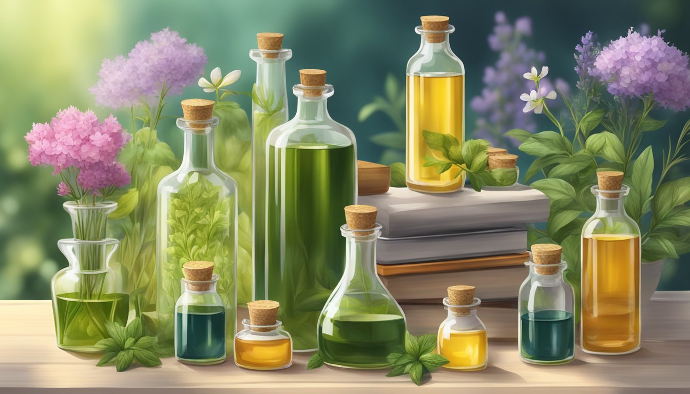 Aromatherapy scene: Various cold-pressed oils displayed in glass bottles, surrounded by fresh herbs and flowers, with soft natural lighting