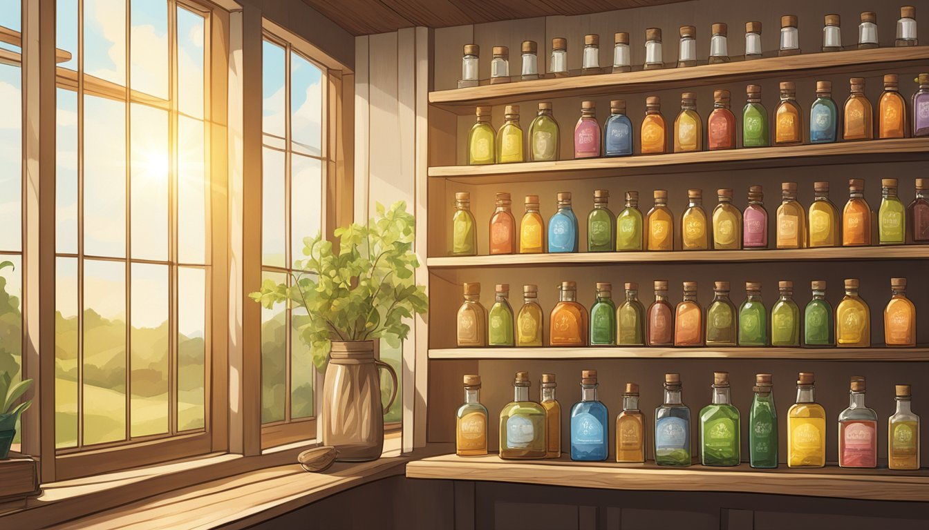 A rustic wooden shelf holds various glass bottles of cold pressed oils, with labels indicating different types. The warm sunlight filters through the window, casting a soft glow on the display