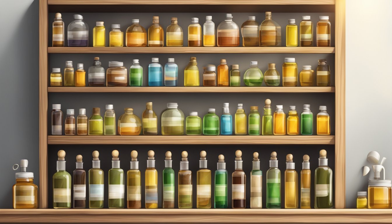 A wooden shelf with various bottles of cold pressed oils, surrounded by temperature and light control devices