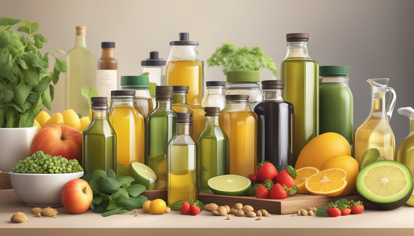 A kitchen counter with various bottles of cold-pressed oils, surrounded by fresh fruits, vegetables, and whole grains