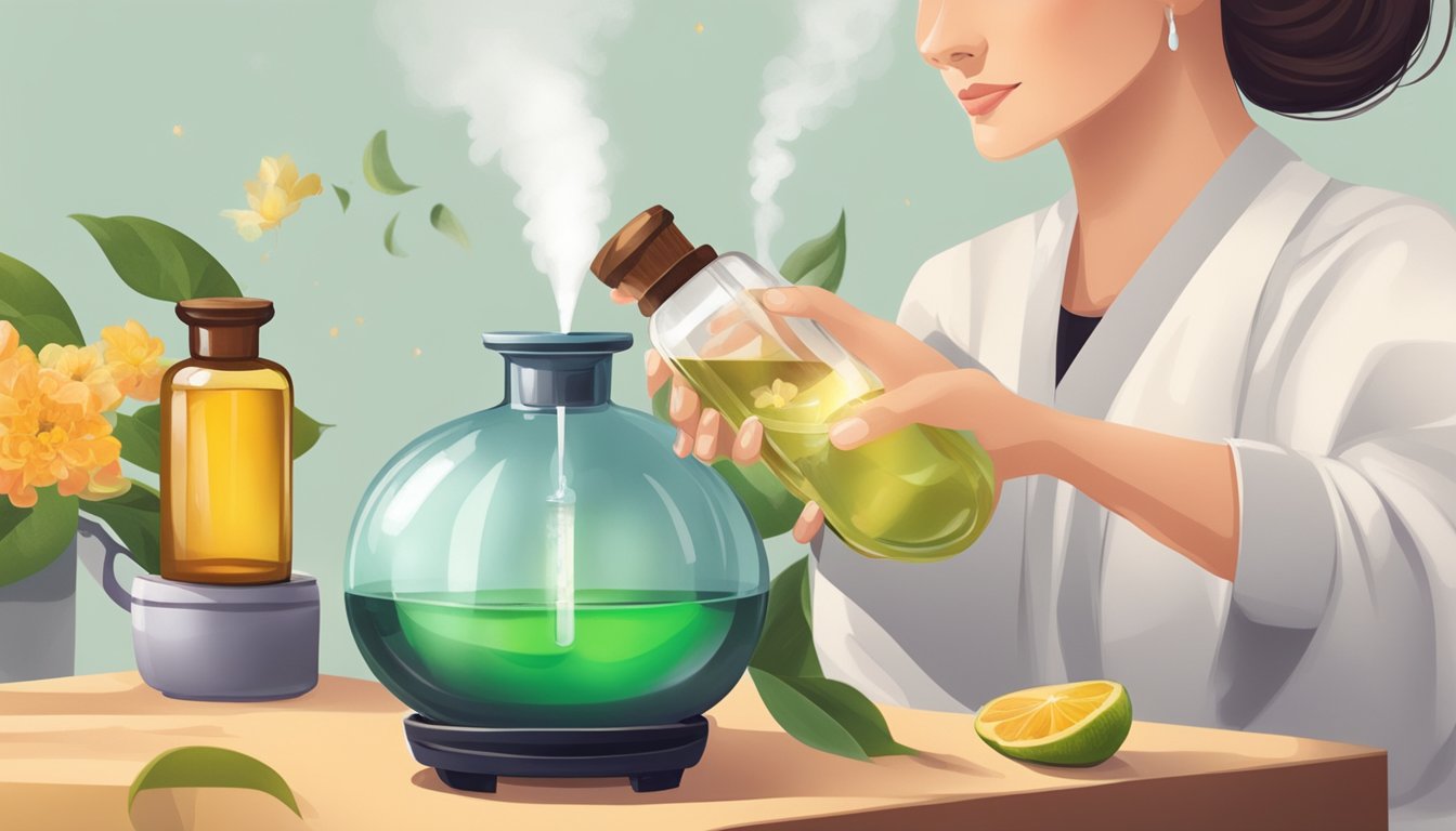 Aromatherapist pouring cold-pressed oils into diffuser, releasing aromatic scent into the air