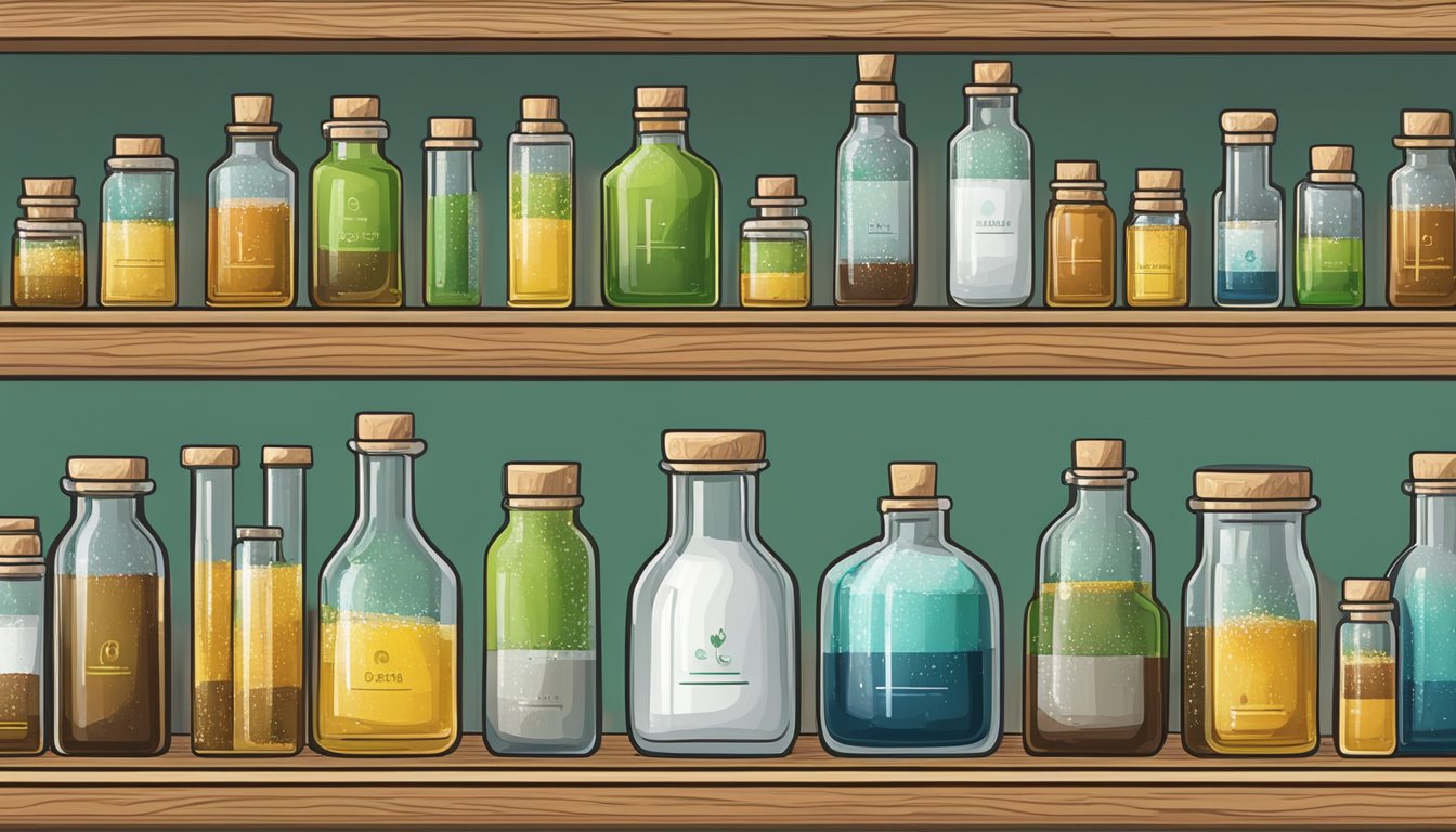 A glass bottle of cold pressed oil sits on a wooden shelf, surrounded by various chemical compounds and test tubes. The bottle is labeled with the name of the oil and its shelf life