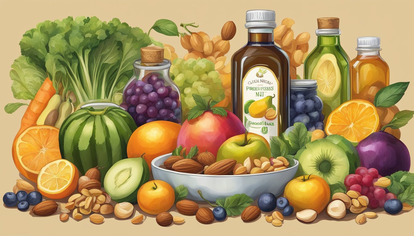 A colorful array of fruits, vegetables, and nuts surrounds a bottle of cold-pressed oil, with a variety of dishes and recipes in the background