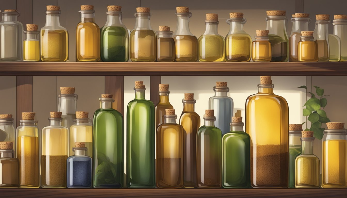 A row of glass bottles filled with various cold pressed oils, sealed with cork stoppers, sitting on a wooden shelf in a dimly lit pantry