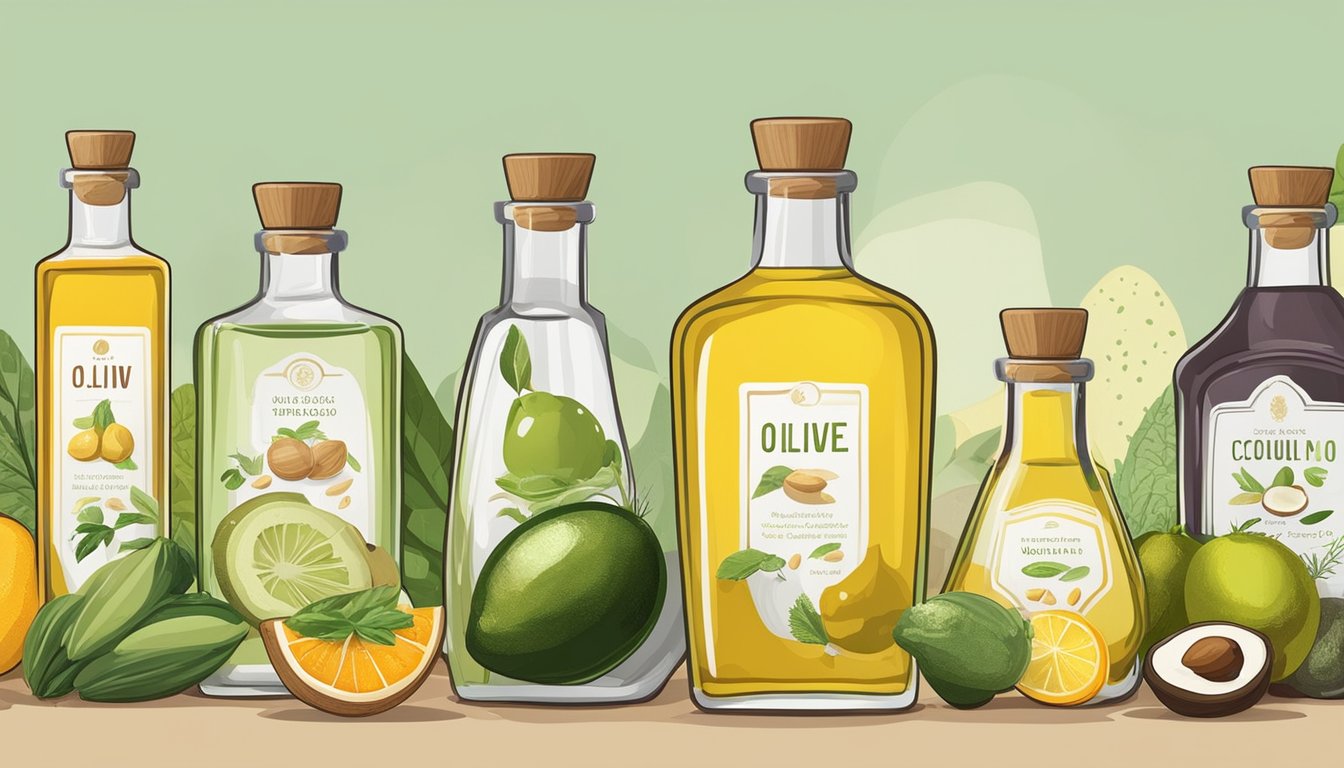 A variety of cold pressed oils in glass bottles, surrounded by fresh fruits, vegetables, and nuts. The bottles are labeled with different types of oils, such as olive, coconut, and avocado