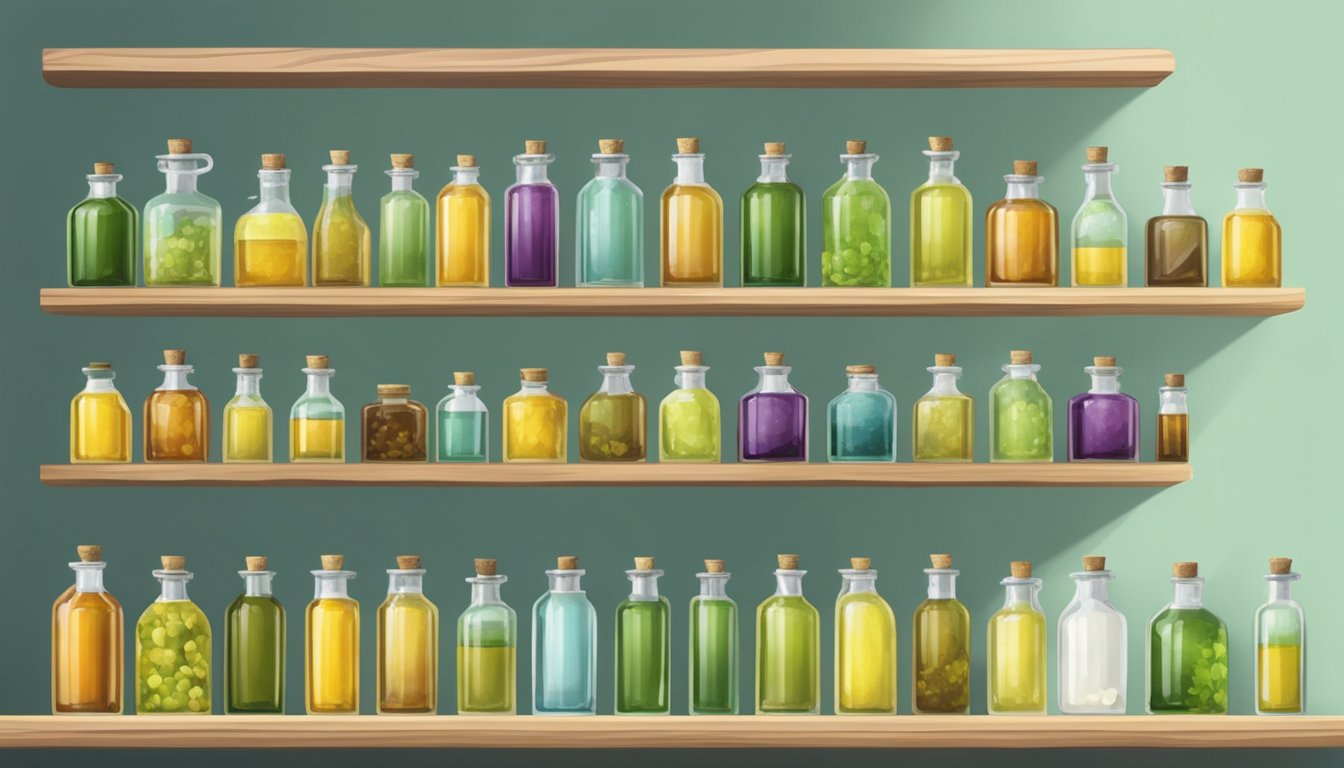 A row of glass bottles filled with various cold pressed oils, neatly arranged on a wooden shelf in a well-lit kitchen