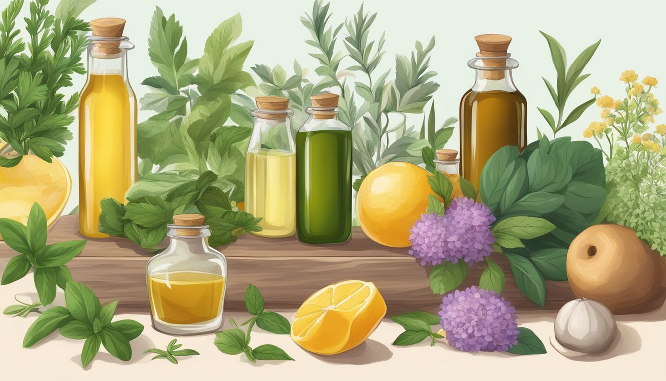 A table with various bottles of cold pressed oils, surrounded by fresh herbs, flowers, and fruits. A mortar and pestle sits nearby for mixing ingredients