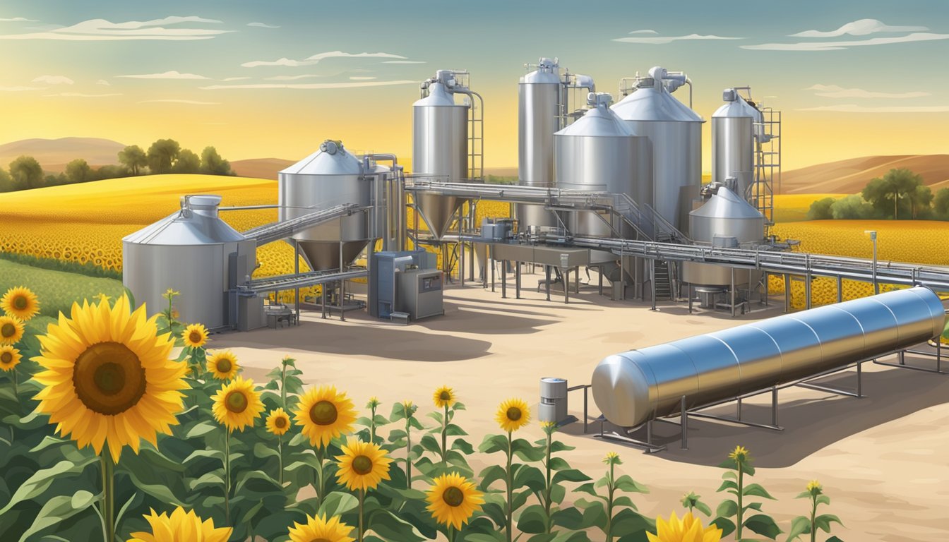 A modern cold pressed oil production facility with stainless steel machinery and conveyor belts, surrounded by fields of sunflowers and olives